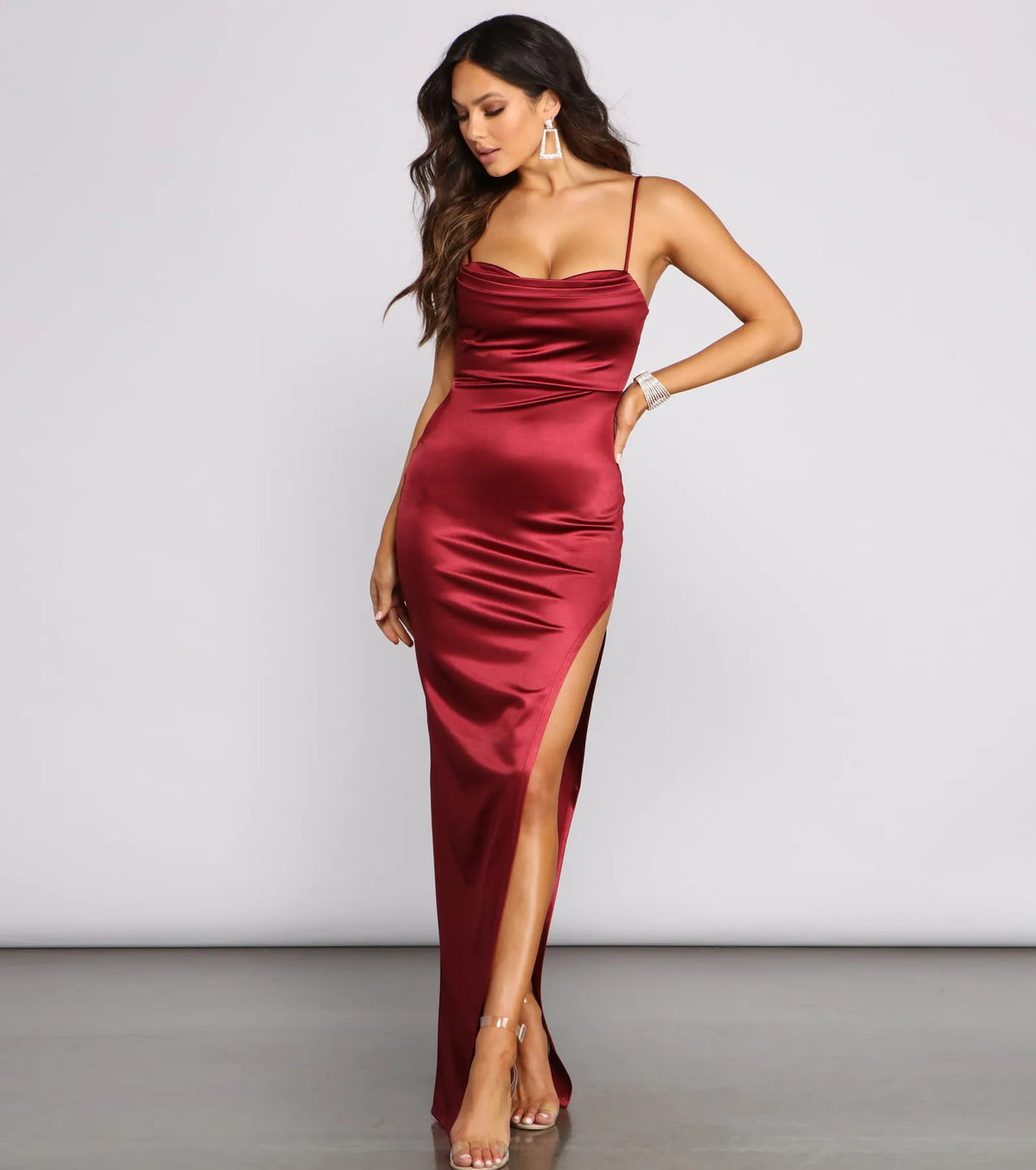 Bordeaux High-Slit Satin Maxi Dress
