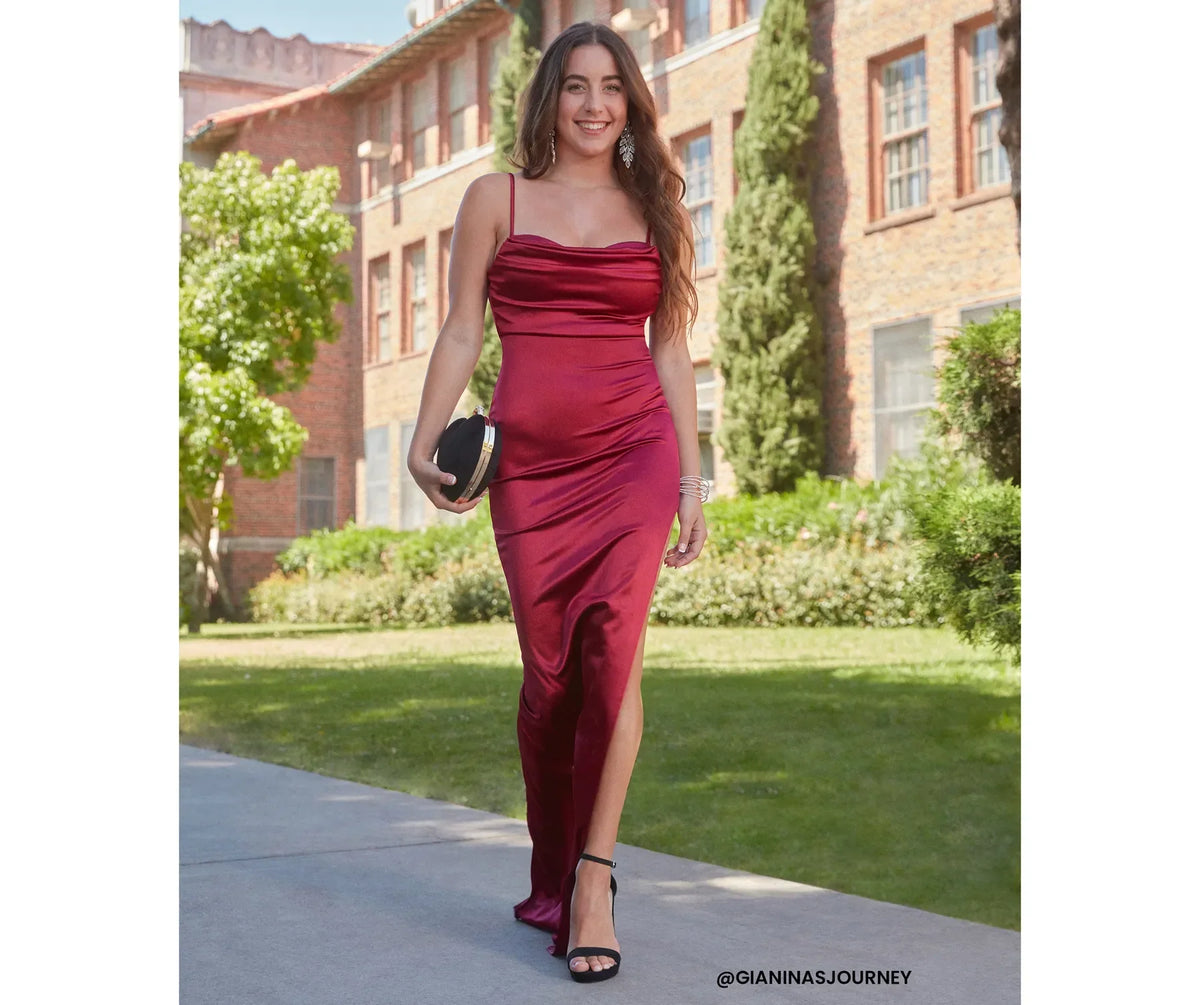 Bordeaux High-Slit Satin Maxi Dress