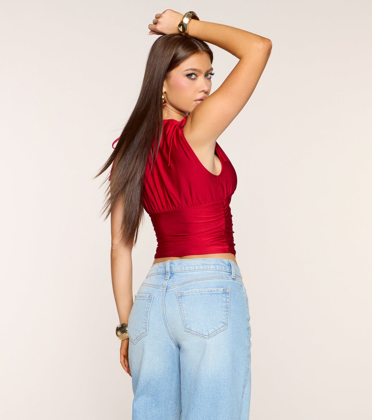 Sleek Look V-Neck Ruched Knit Top