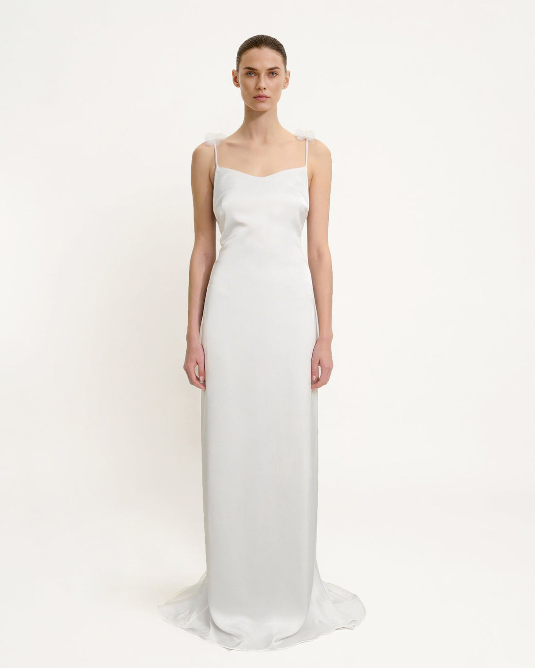 Satin Strappy Maxi Dress with Floral Streamers - White
