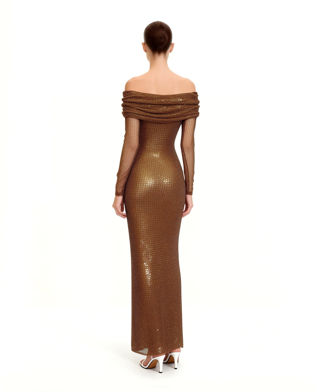 Rhinestone Mesh Off-Shoulder Maxi Dress - Brown