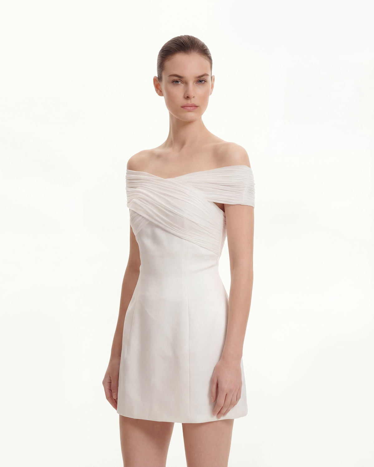 Satin Mini Dress with Tulle Cross-Halter - White