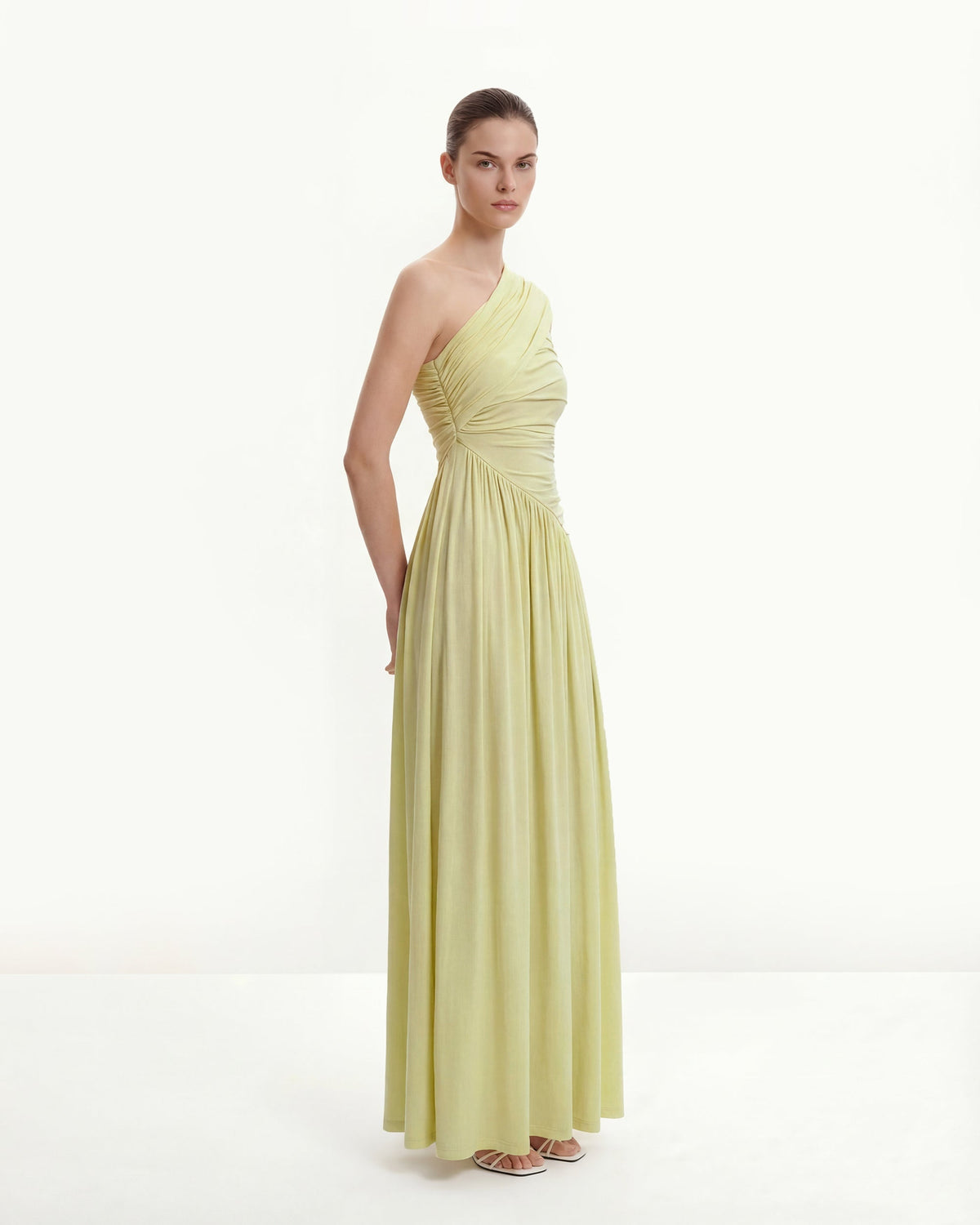 Ruched One-Shoulder Maxi Dress with Trailing Sash - Green