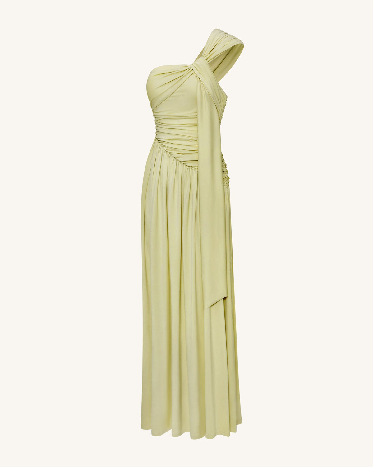 Ruched One-Shoulder Maxi Dress with Trailing Sash - Green