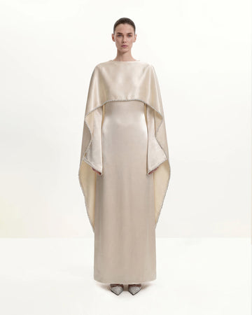 198Pearl-Trimmed Cape Sleeve Boat Neck Maxi Gown-Cream