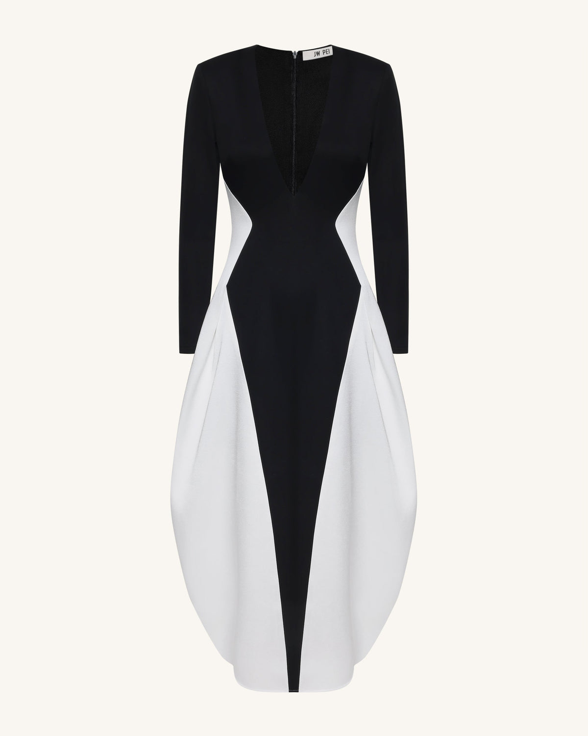 Monochrome Paneled Plunging V-Neck Long-Sleeve Maxi Dress - Black