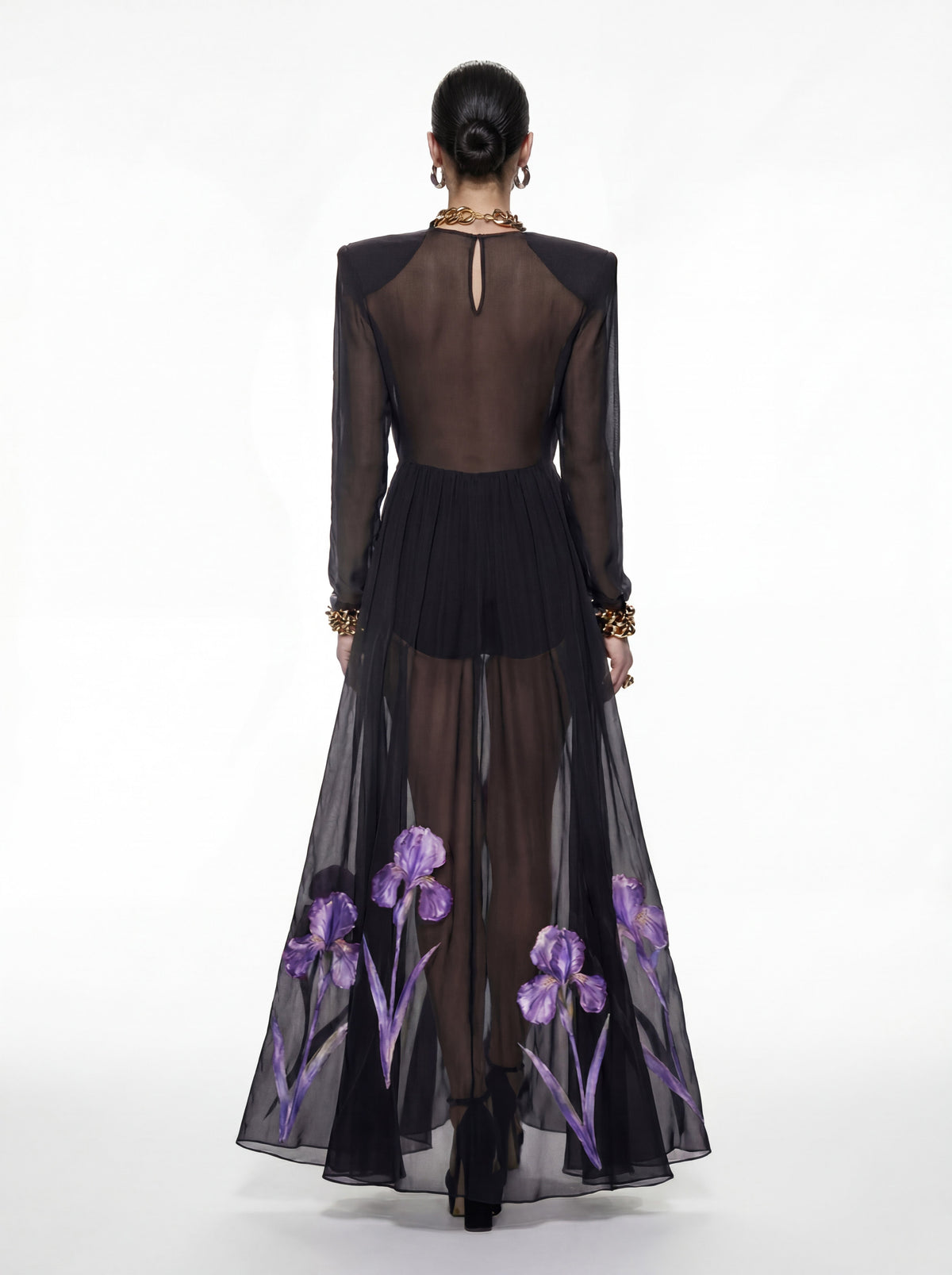 Iris Floral Print Long-Sleeve Sheer Gown - Black/Purple
