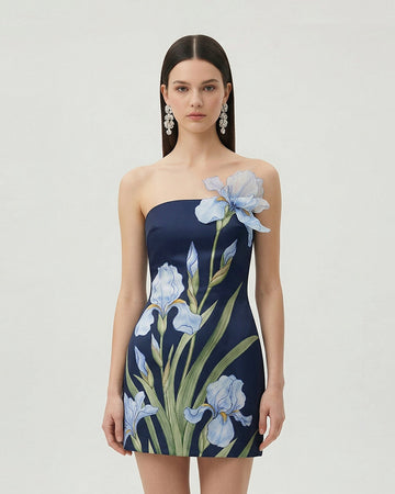 Floral Printed Mini Dress - Navy blue