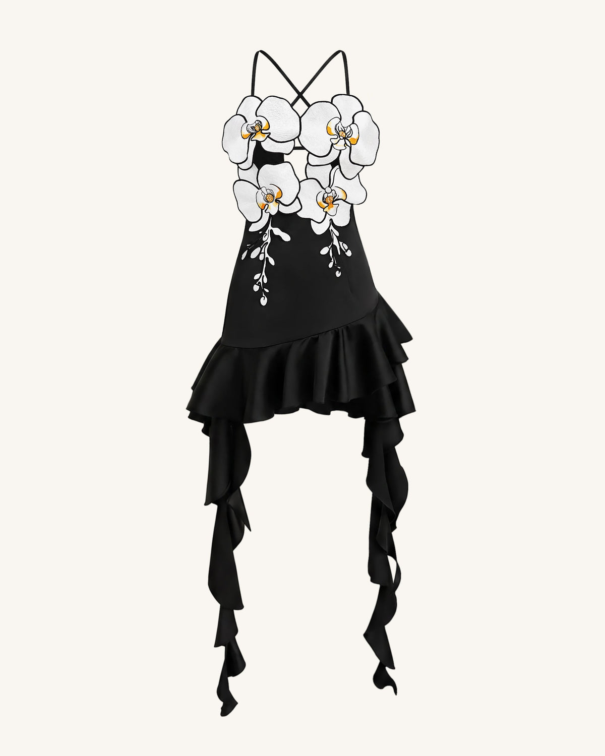 Orchid Embroidered Ruffle Hem Mini Dress - Black