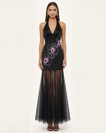 Orchid Embroidered Sheer Hem Halter Maxi Dress-  Black Purple