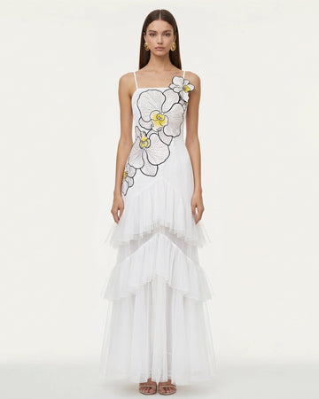 Orchid Embroidered Ruffled Tulle Strapless Maxi Dress - White