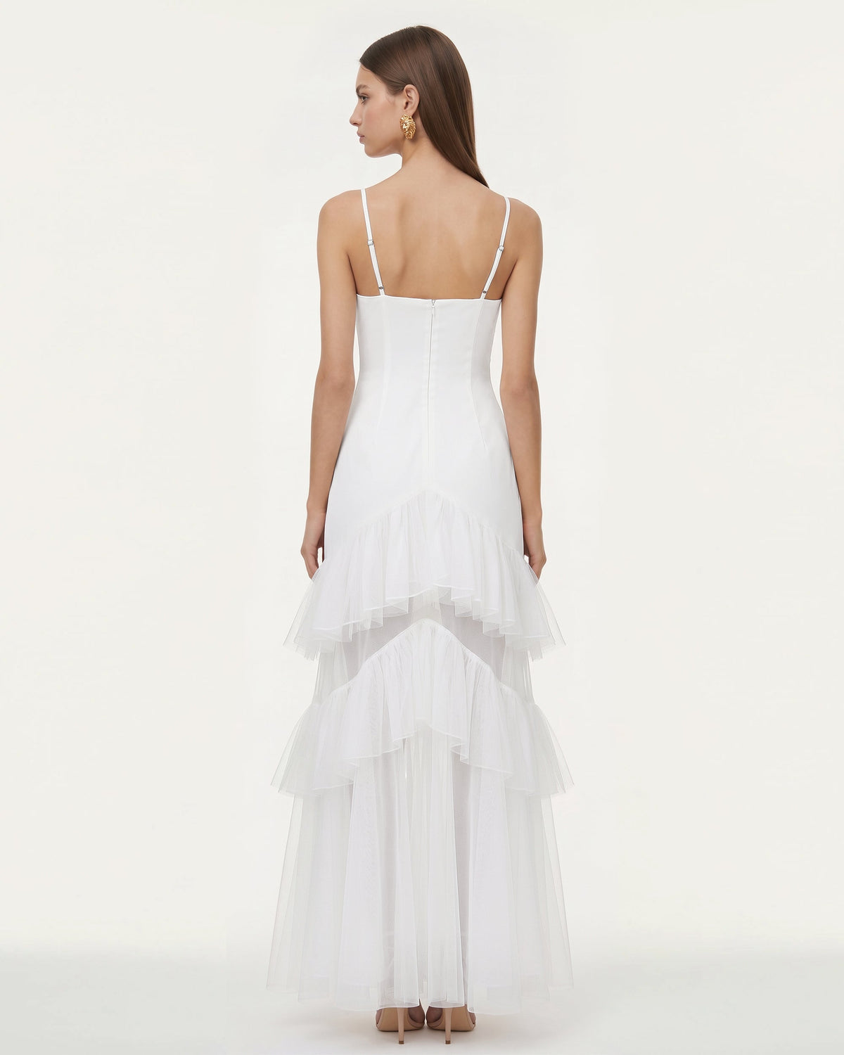 Orchid Embroidered Ruffled Tulle Strapless Maxi Dress - White