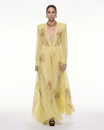 Iris Floral Print Long-Sleeve Sheer Gown - Yellow