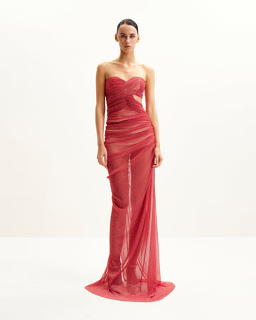 Mia Strapless Sheer Glitter Gown - Scarlet
