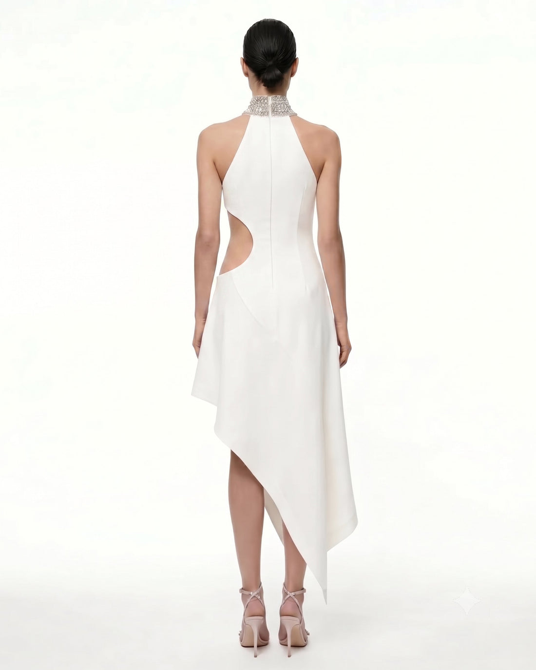 Jeweled Floral Cutout High Neck Dress - White