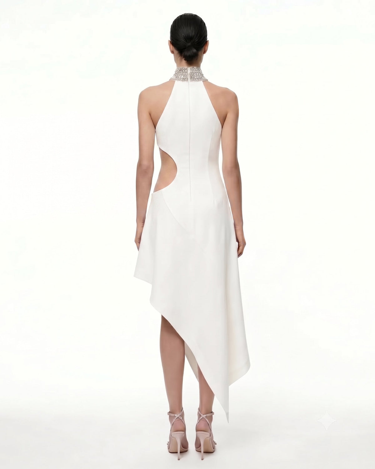 Jeweled Floral Cutout High Neck Dress - White