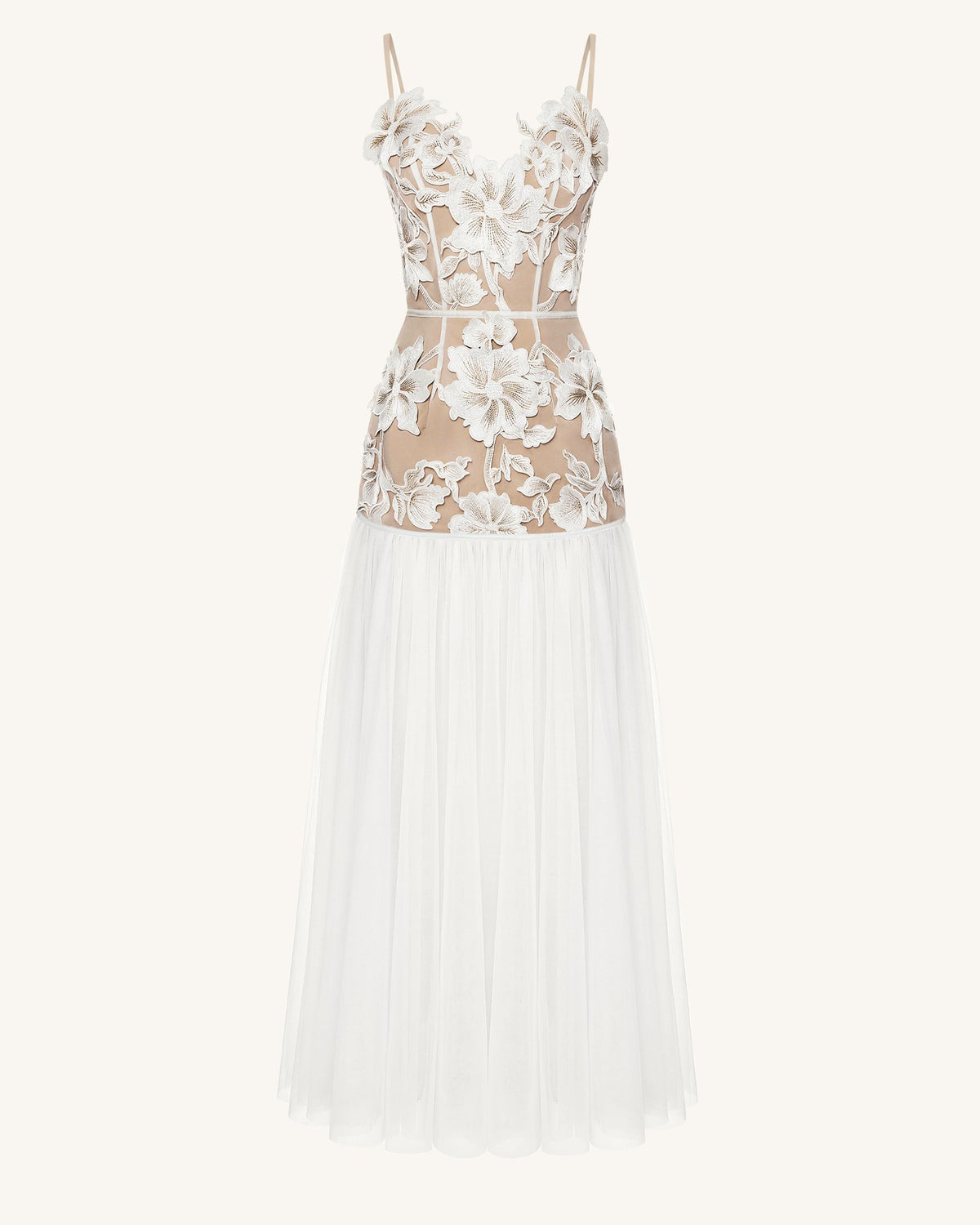 Floral Appliqué Sheer Tulle Maxi Dress - White