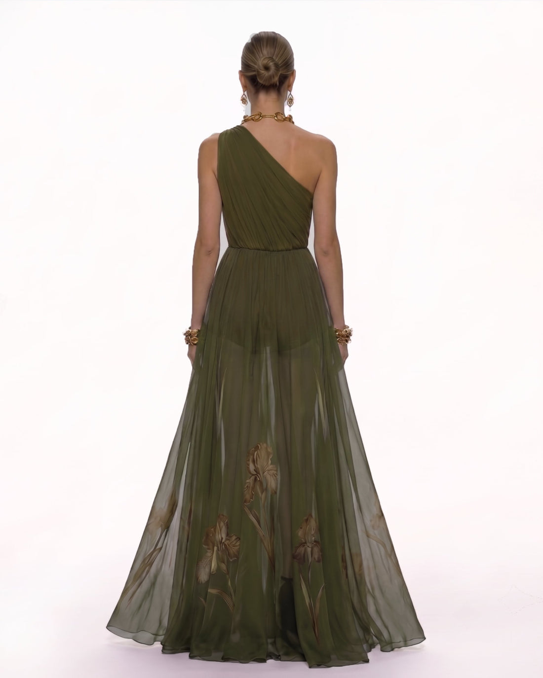 Floral One Shoulder Maxi Dress - Olive Green