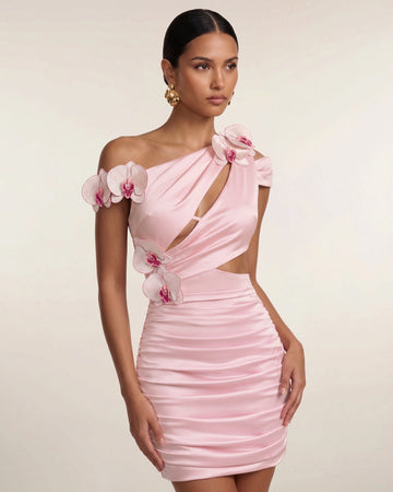Orchid Embroidered Cutout Ruched Mini Dress - Blush Pink