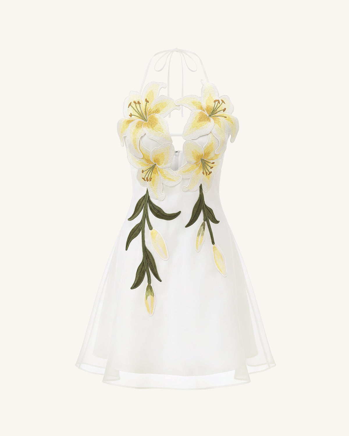Lily-Embroidered Halter Mini Dress - White