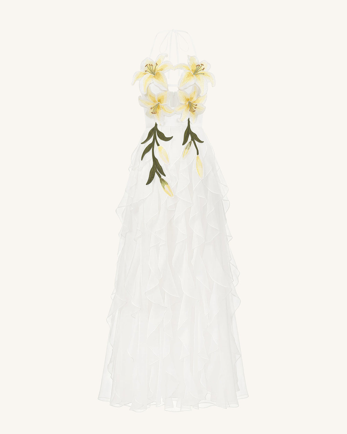 Lily-Embroidered Embroidered Halter Tiered Maxi Dress - White