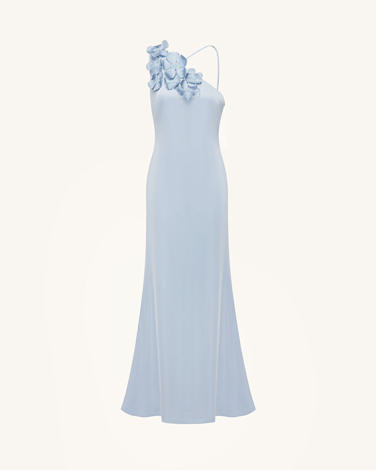 Floral Appliqué One Shoulder Maxi Dress - Light Blue