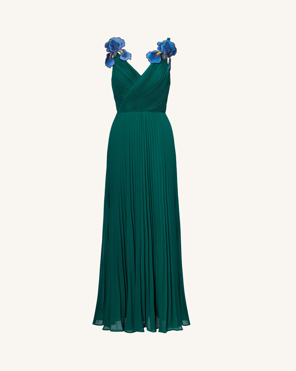 Iris Embroidered Pleated V-Neck Maxi Dress - Emerald Green