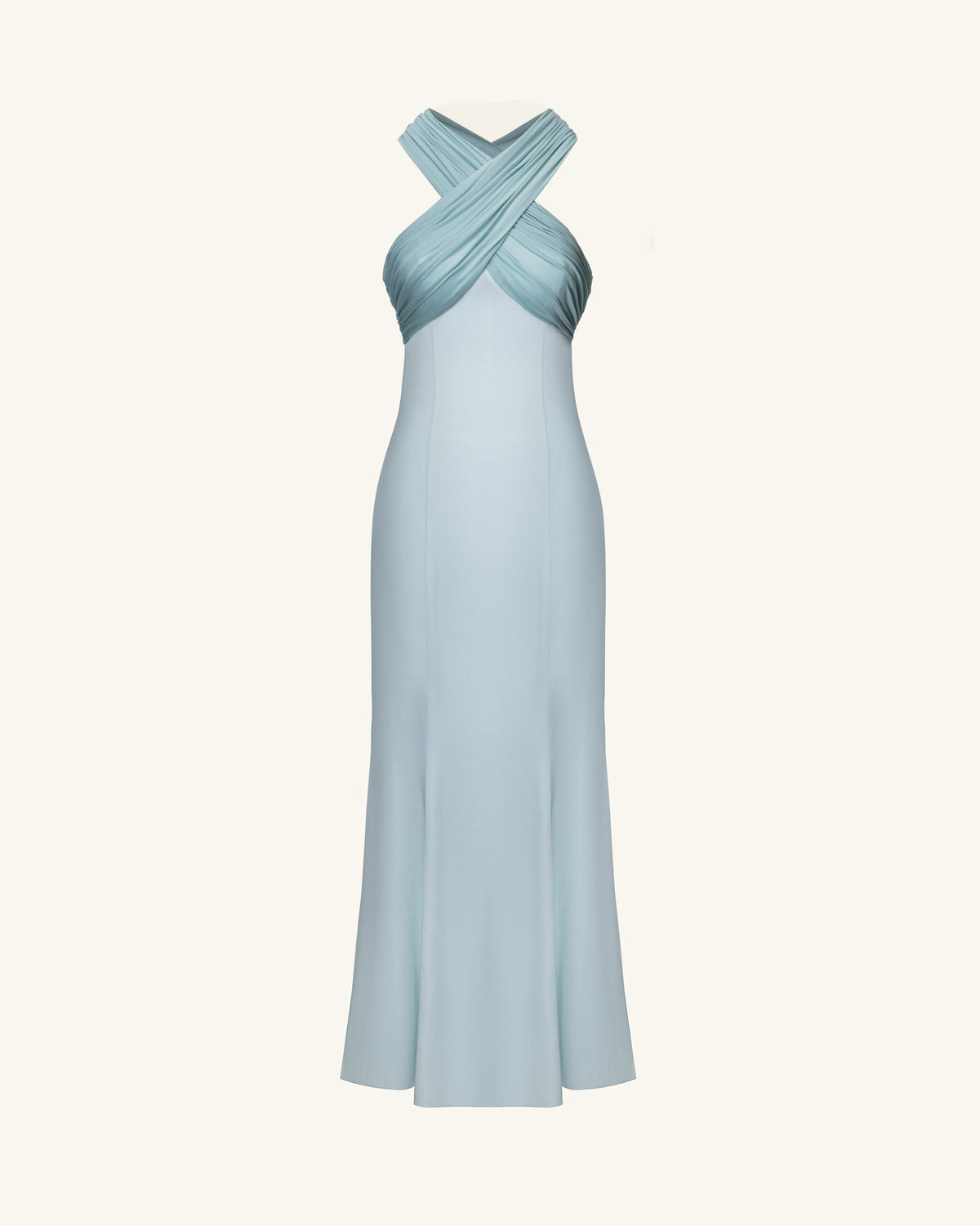 Pleated Cross-Halter Satin Maxi Dress - Dusty Blue