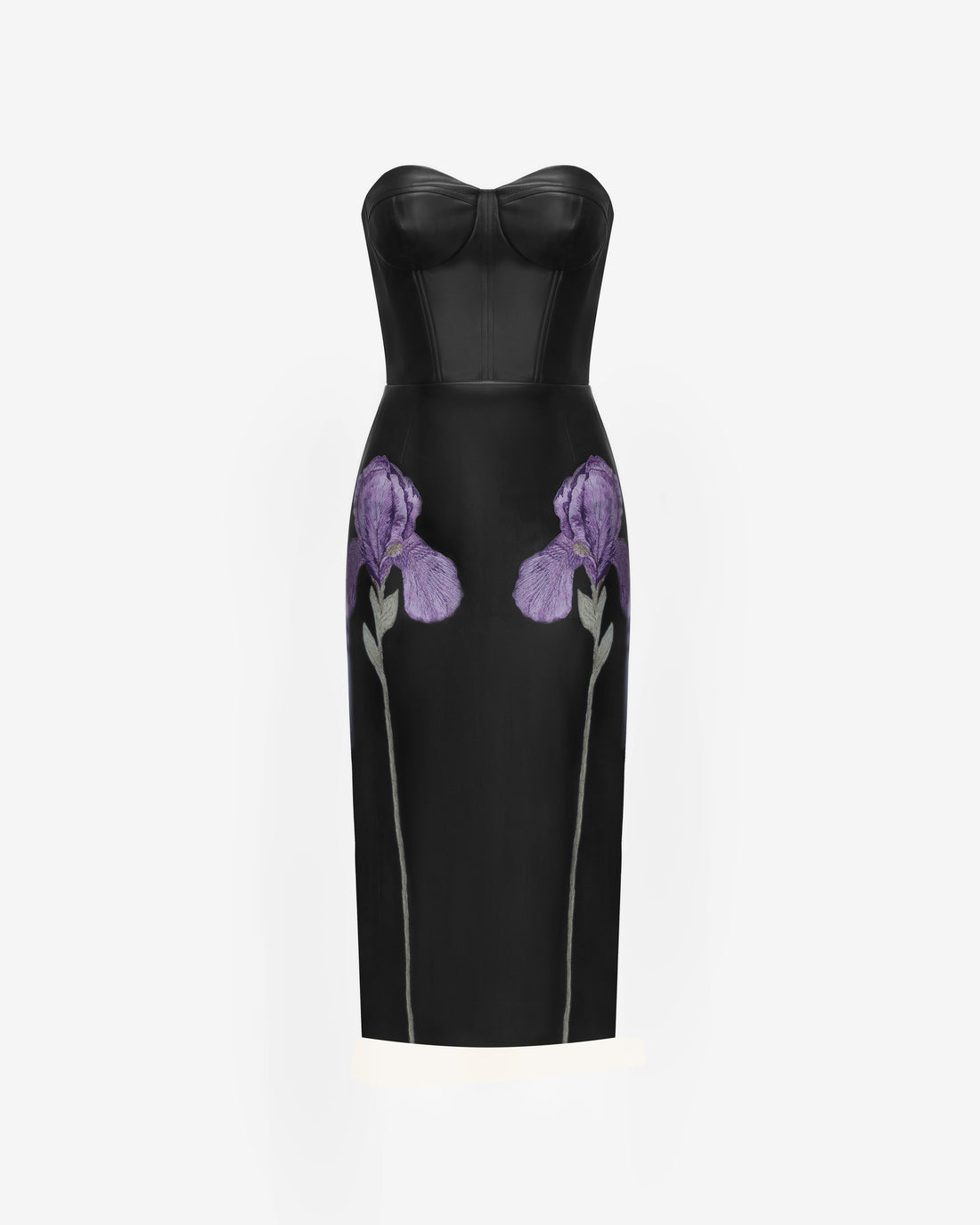 Iris Floral-Print Strapless Corset Leather Midi Dress - Black