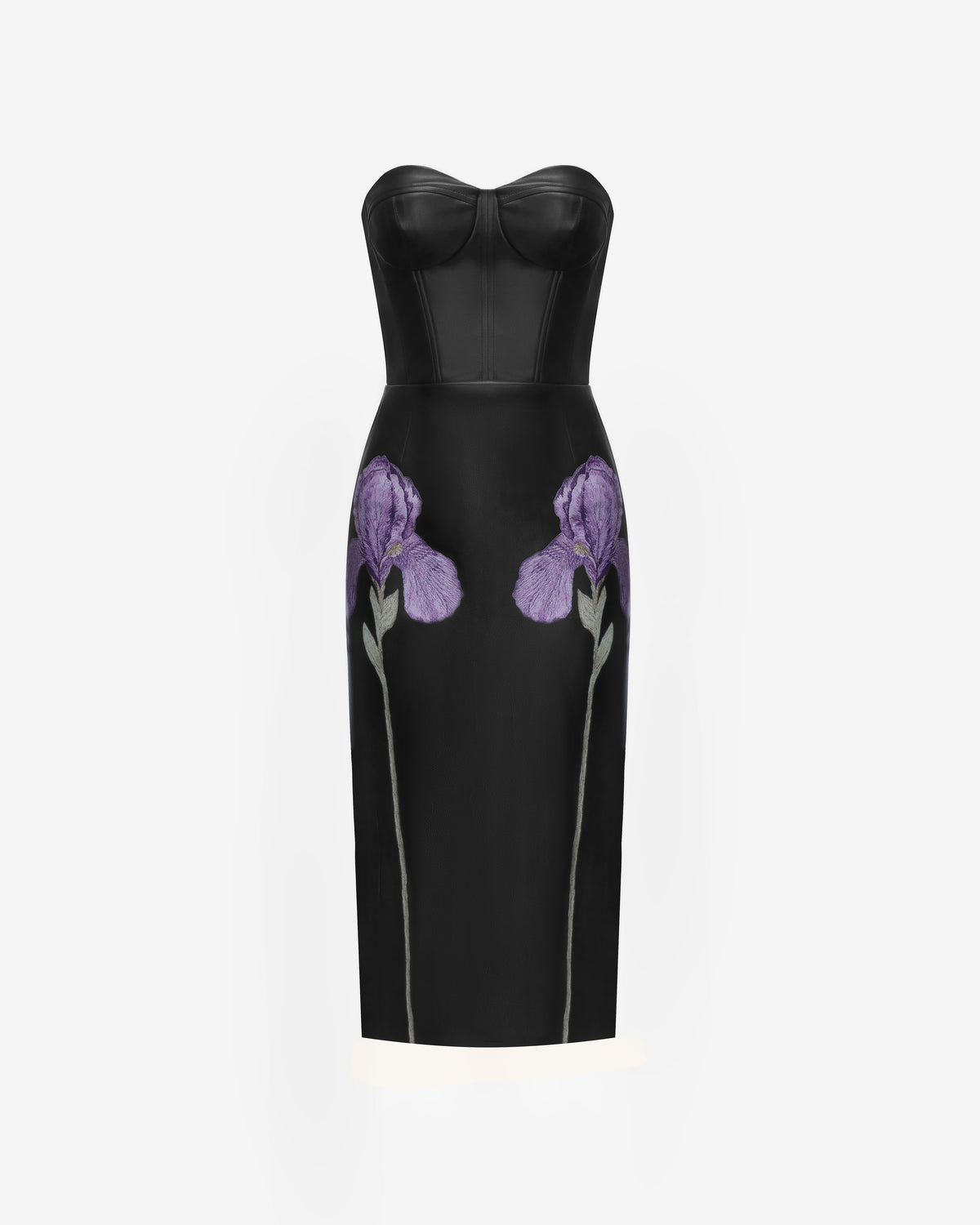 Iris Floral-Print Strapless Corset Leather Midi Dress - Black