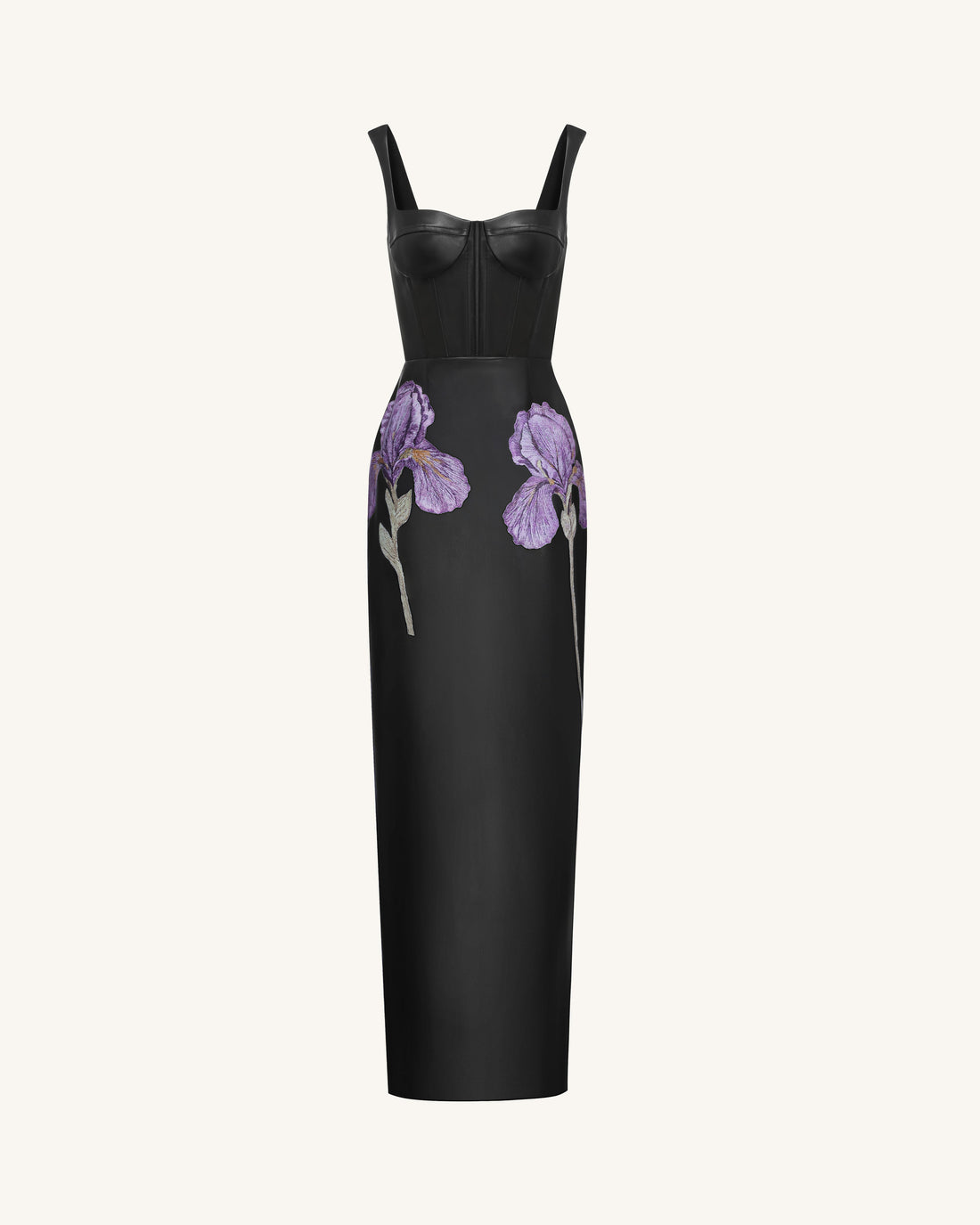 Iris Floral-Print Strappy Corset Leather Maxi Dress - Black