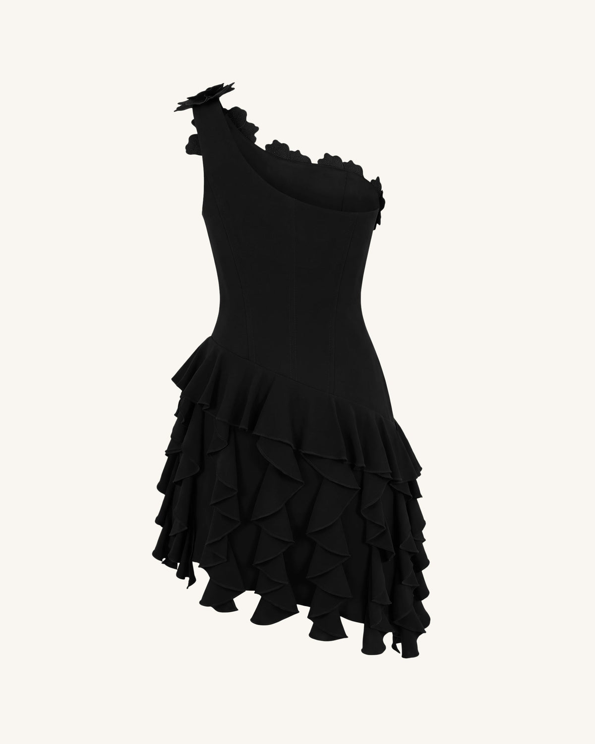 Flower Embroidered One-Shoulder Corset Mini Dress - Black