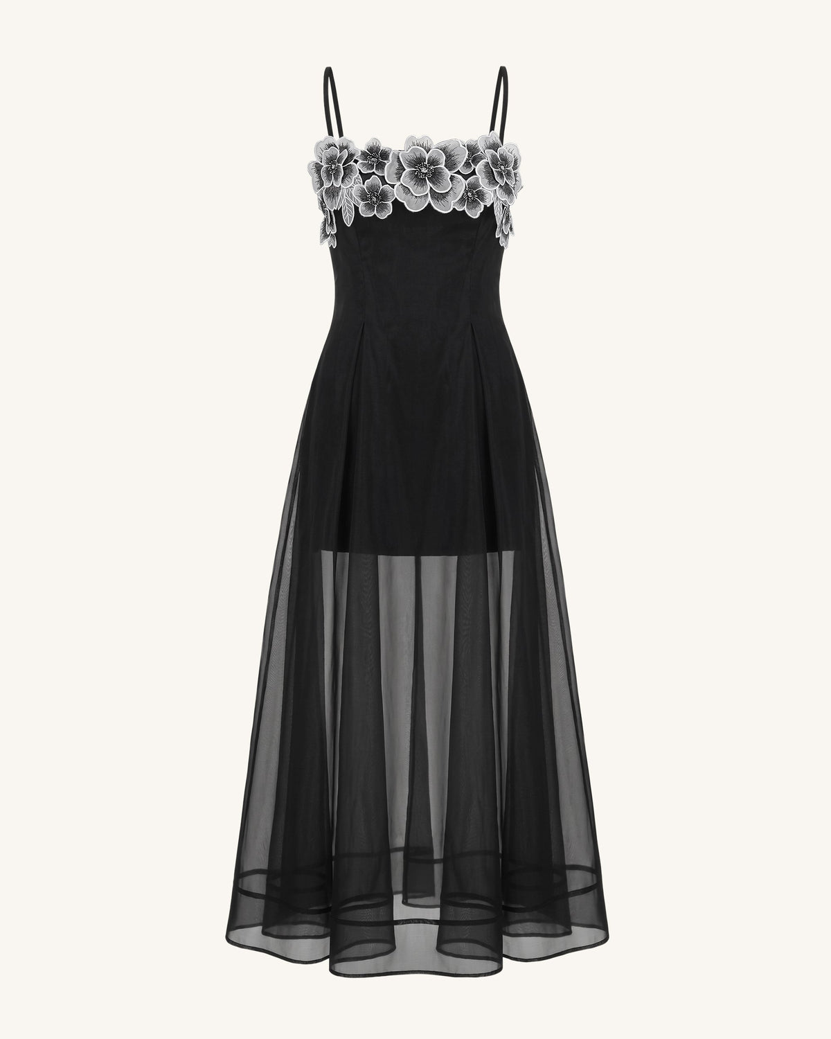 Floral Embroidered Sheer Layered Maxi Dress - Black