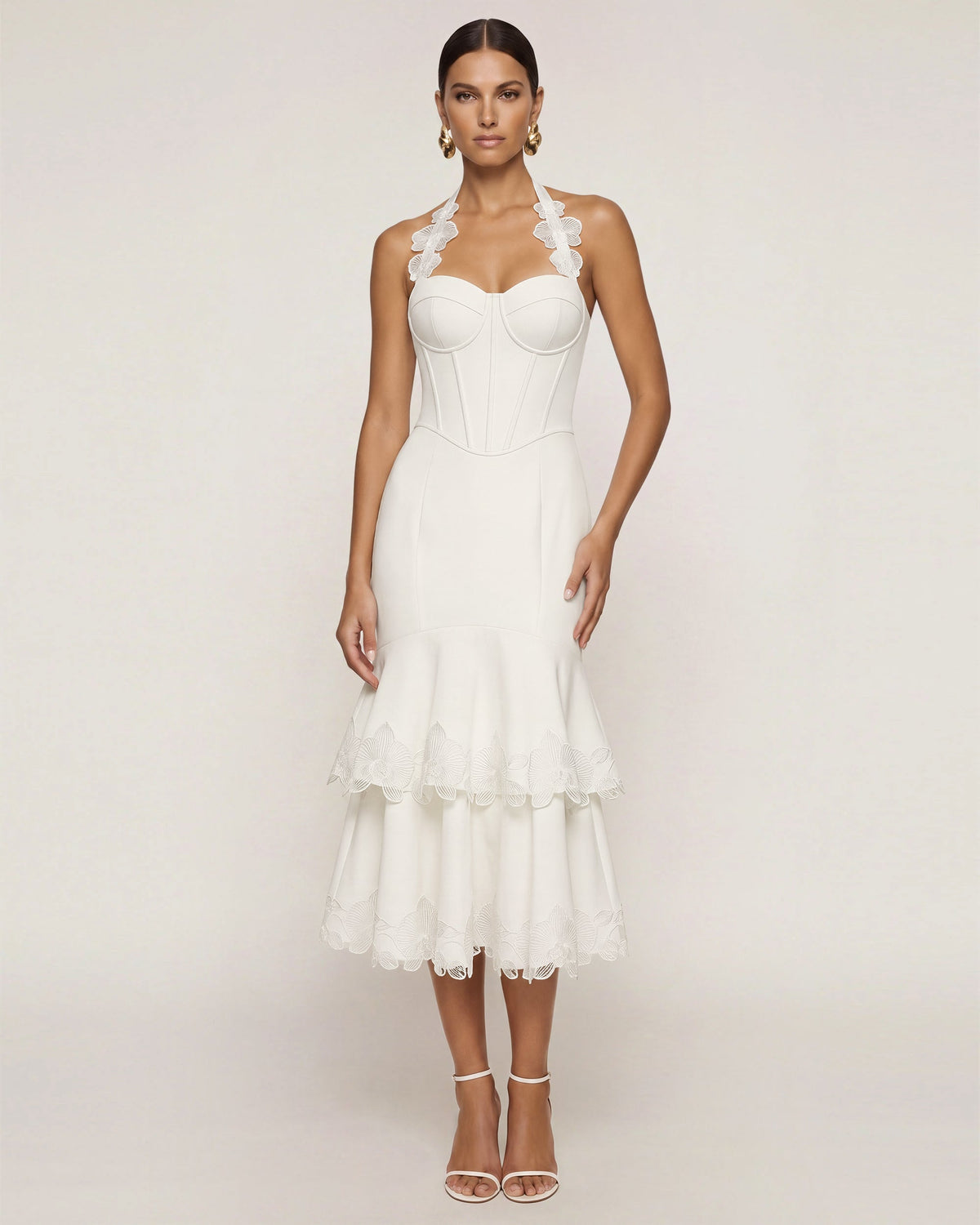 Orchid Embroidered Halter Corset Midi Dress - White