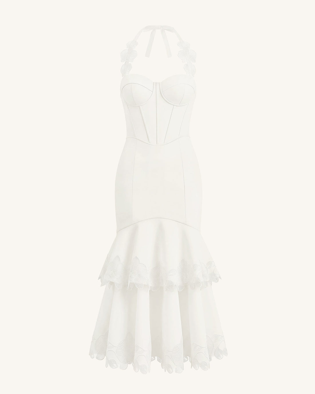 Orchid Embroidered Halter Corset Midi Dress - White