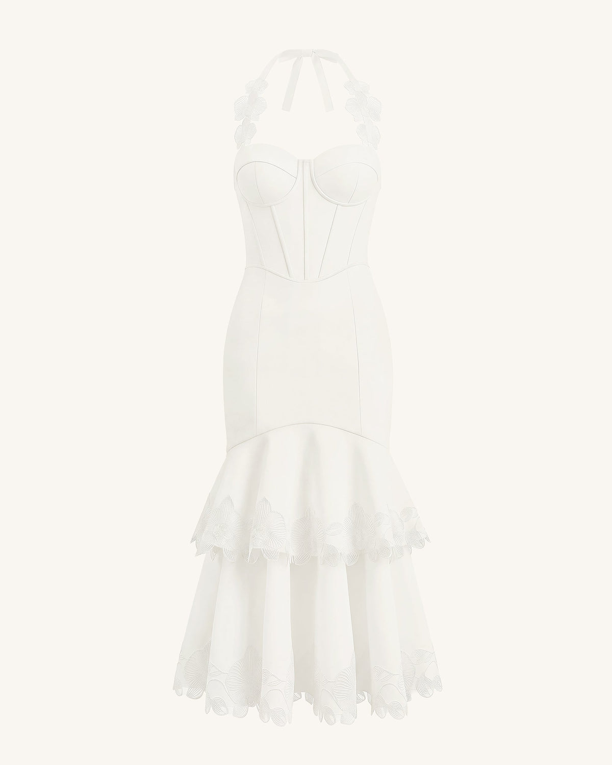 Orchid Embroidered Halter Corset Midi Dress - White