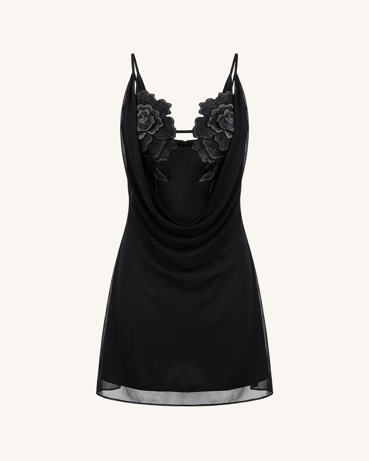 Flower Embroidered Cowl Neck Mini Dress - Black