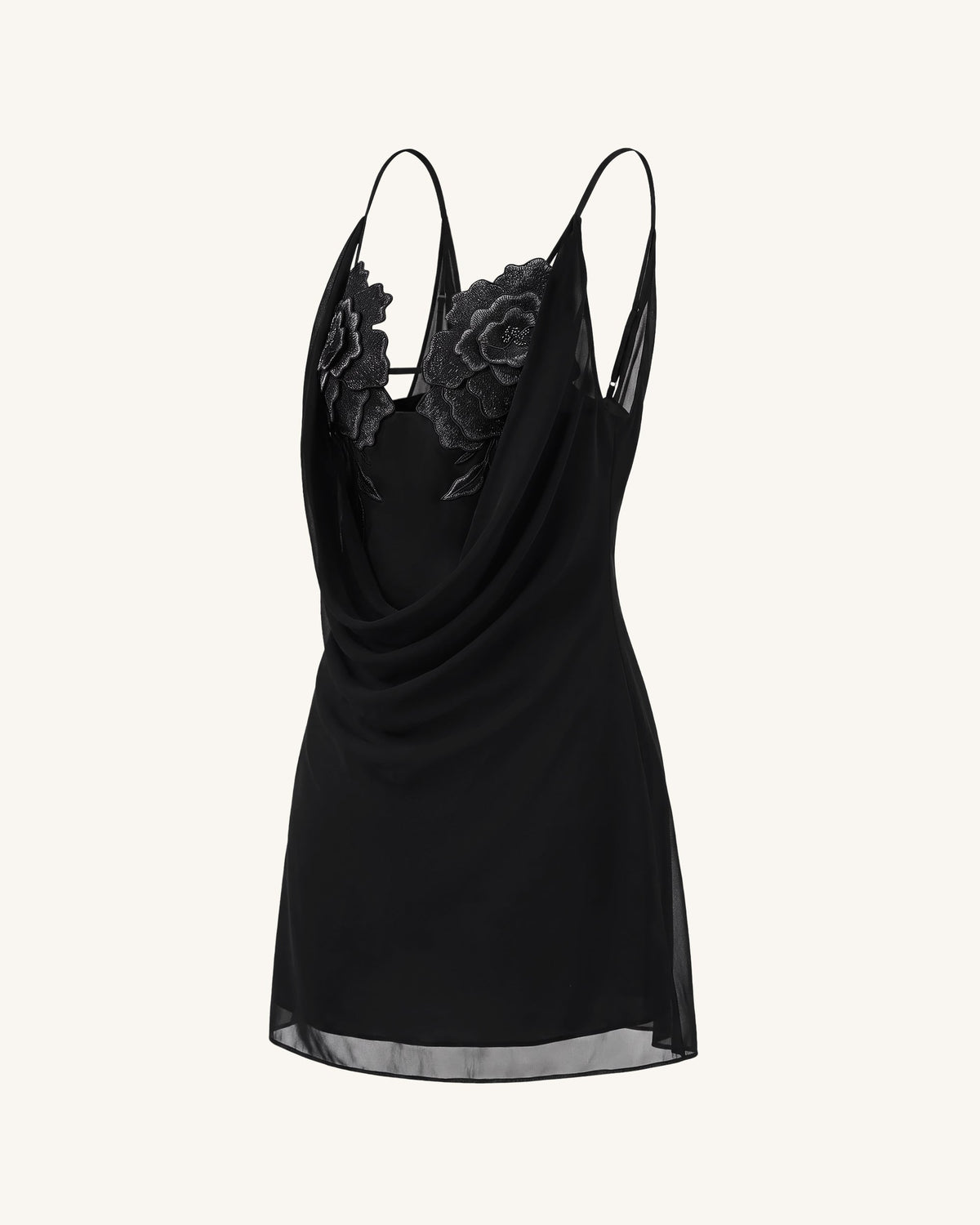 Flower Embroidered Cowl Neck Mini Dress - Black