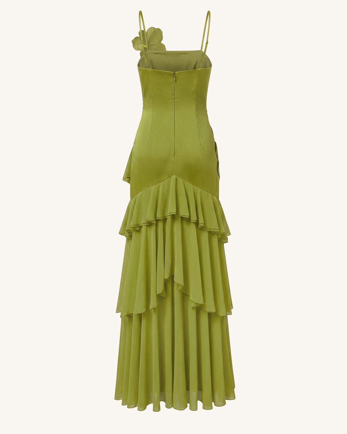 Orchid Embroidered Ruffled One-Shoulder Maxi Dress - Olive Green