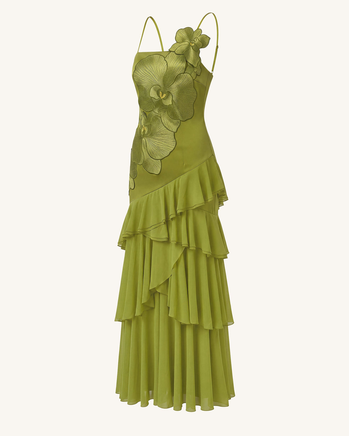 Orchid Embroidered Ruffled One-Shoulder Maxi Dress - Olive Green
