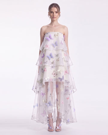 Butterfly Appliqué Tiered Strapless High-Low Dress - Ivory
