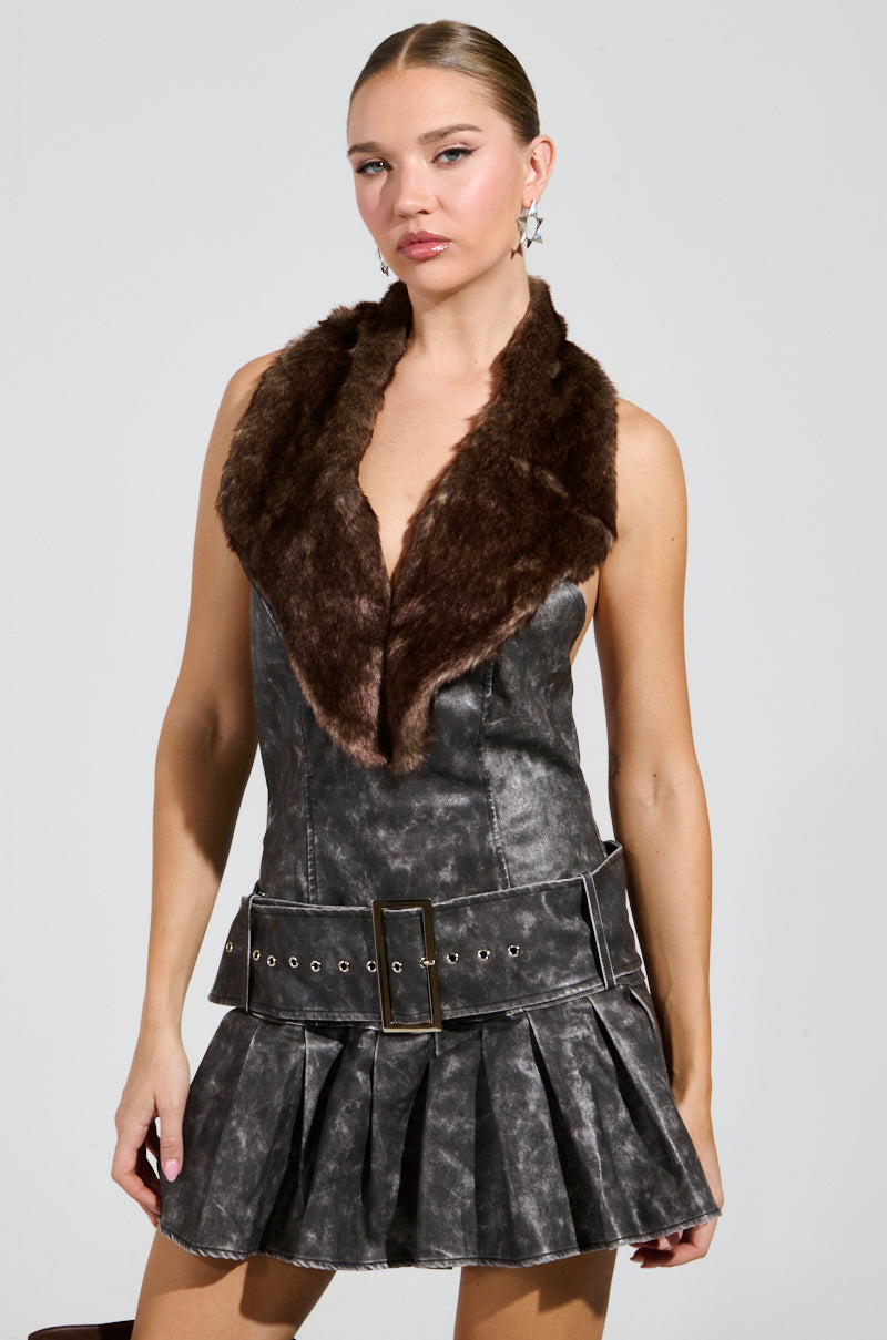 Stepping Out Pu Fur Trim Mini Dress