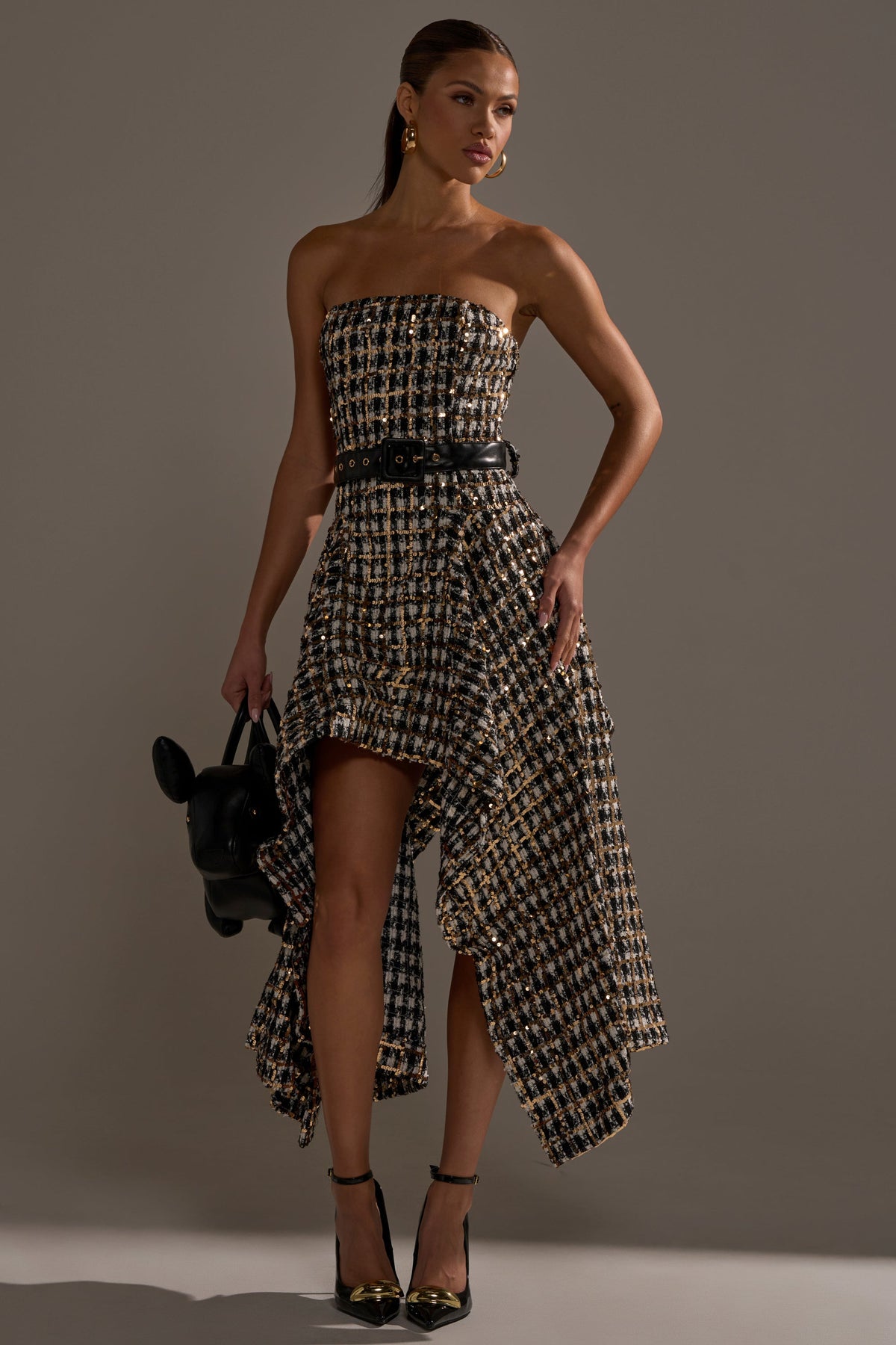 Pure Royalty Brocade High Low Tweed Dress With Sequins