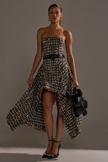 Pure Royalty Brocade High Low Tweed Dress With Sequins