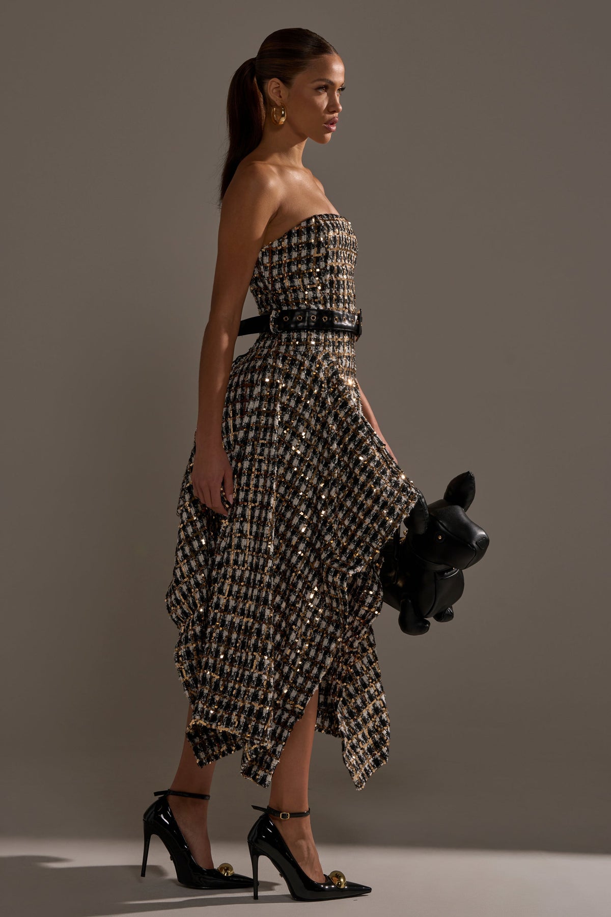 Pure Royalty Brocade High Low Tweed Dress With Sequins