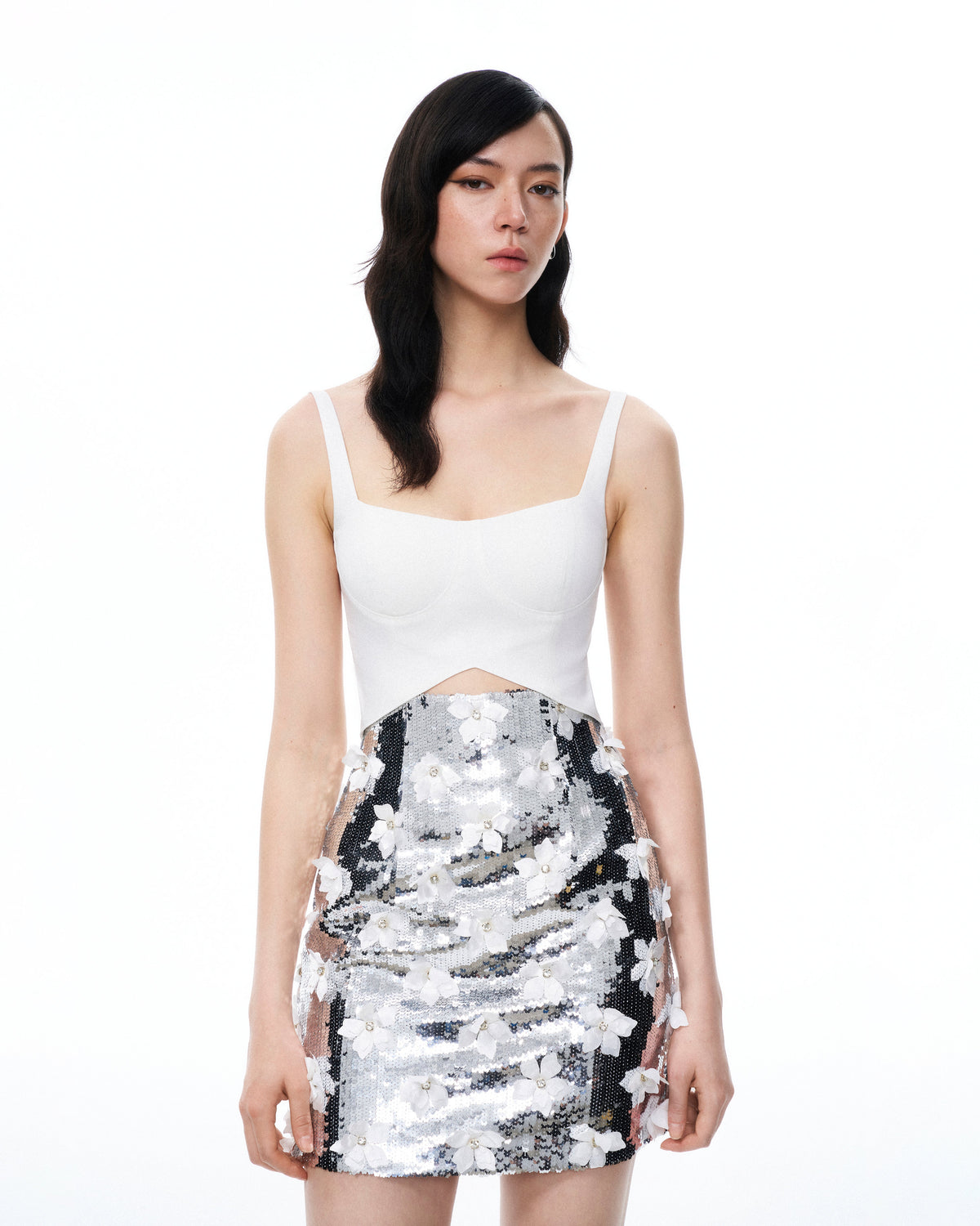 Arabella 3D Floral Sequin Embroidered Mini Dress - White