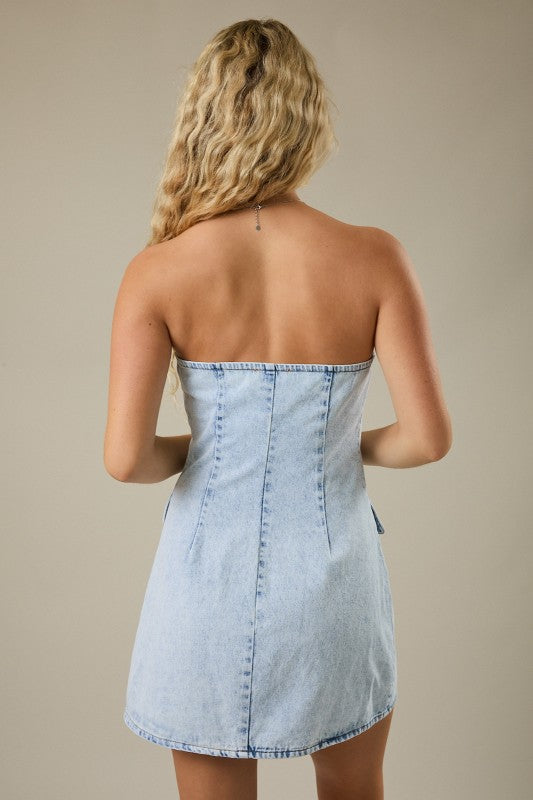 Buttoned Up Strapless Denim Mini Dress