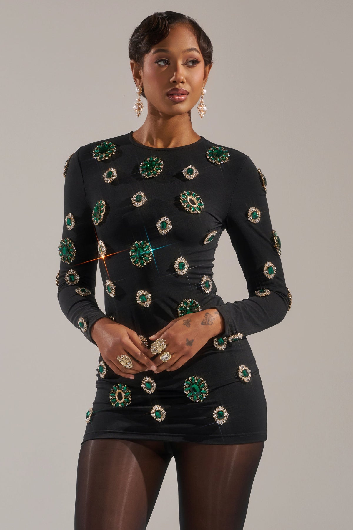 Bling Bling Mesh Mini Dress With Rhinestone Embellishments