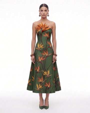 Bird of Paradise Appliqué Strapless A-Line Midi Dress - Green