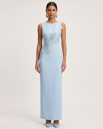 Orchid Embroidered Crew Neck Fitted Maxi Dress - Light Blue